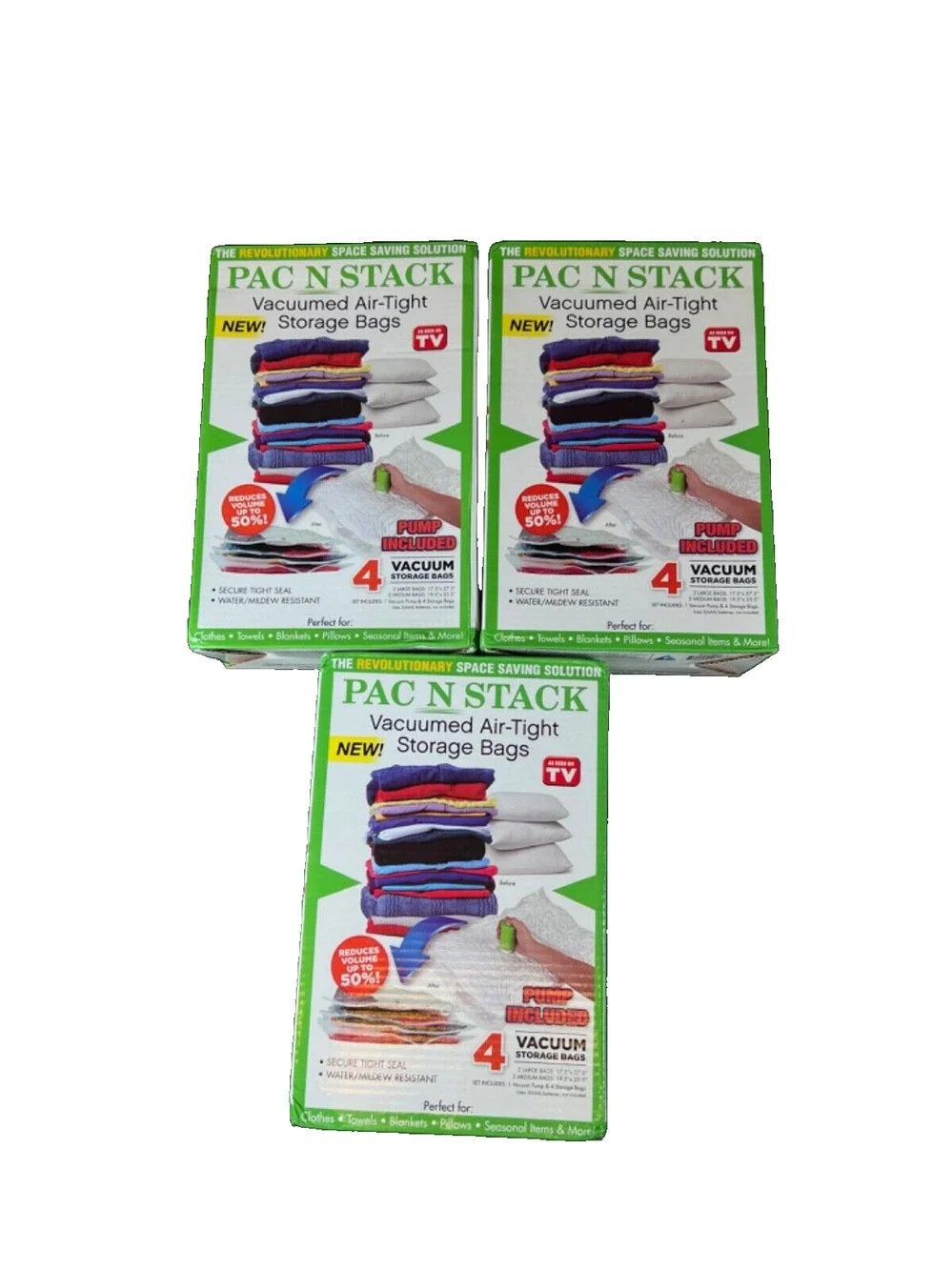 Pac N Stack 4-Pack Vacuumed Air-Tight Storage Bags With Pump, Clear, 2 Size Bags